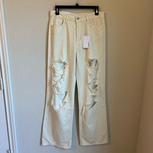 Vervet Jeans Jodie 90s Dad Cream Wide Leg Distressed Denim pants Womens 27 NWT